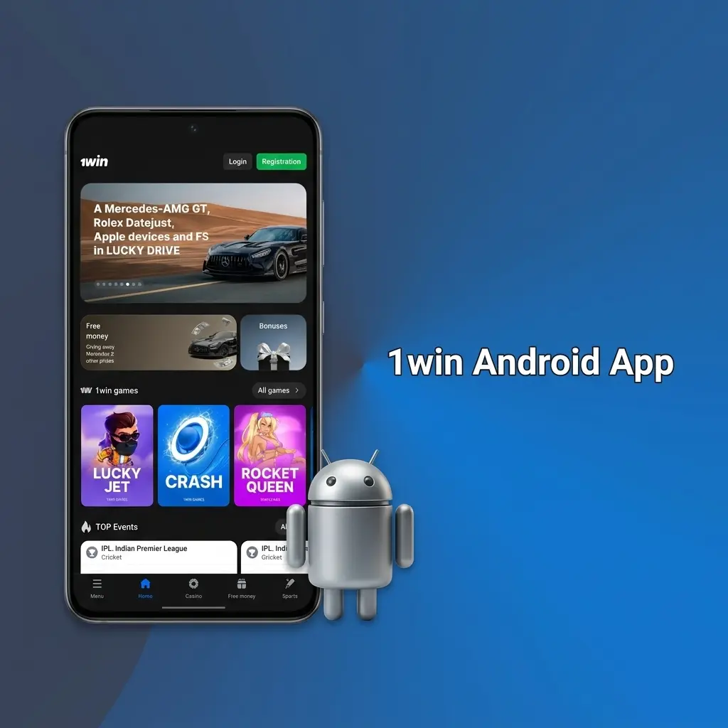 1win Android app interface showing sports betting and casino games on a mobile device