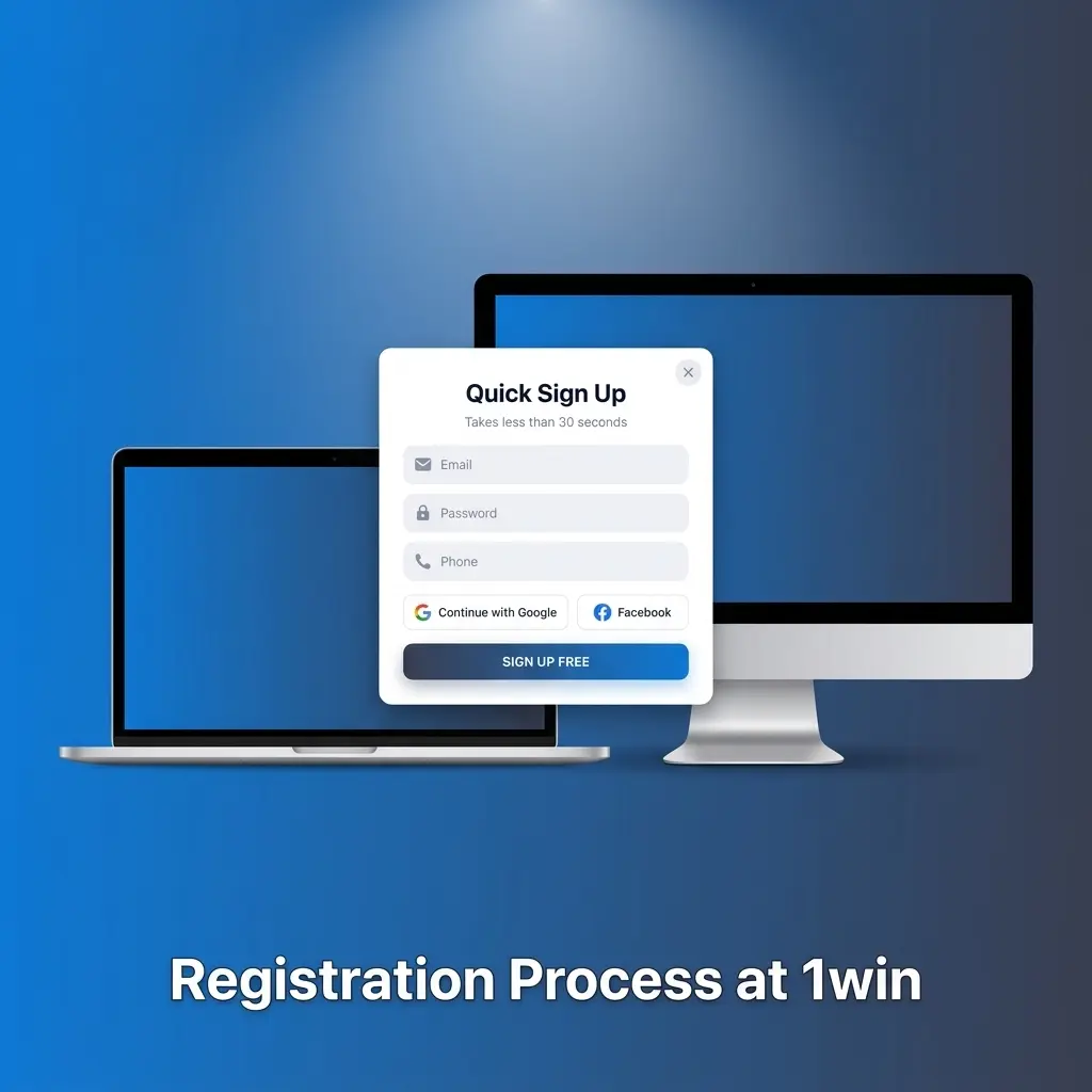 Step-by-step 1win registration process showing sign-up form with phone, email, and social login options for Indian players